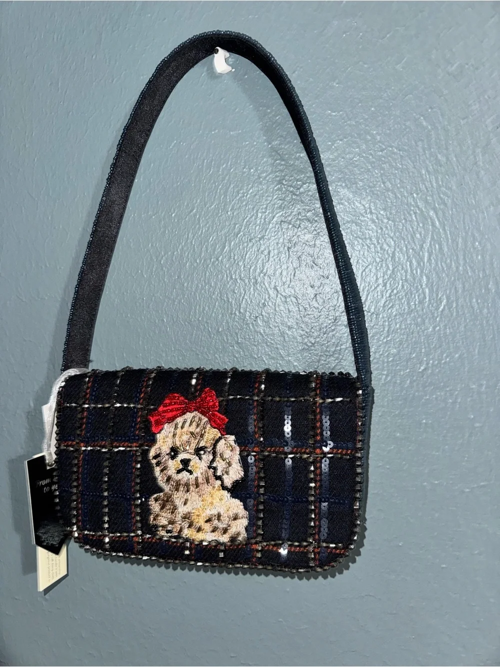 Plaid Mini Shoulder Bag with Embroidered Puppy